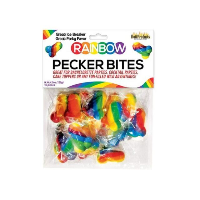 Rainbow Pecker Bites, with rainbow-striped pecker-shaped candies, make the perfect quirky party favor for bachelorette parties.