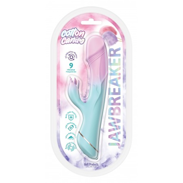 The transparent packaging of the Cotton Candy-Jaw Breaker Sil Rumble Vib Rabbit highlights its high-quality and water-resistant design. This pastel-colored vibrator is crafted from medical-grade silicone and offers nine customizable vibration functions.