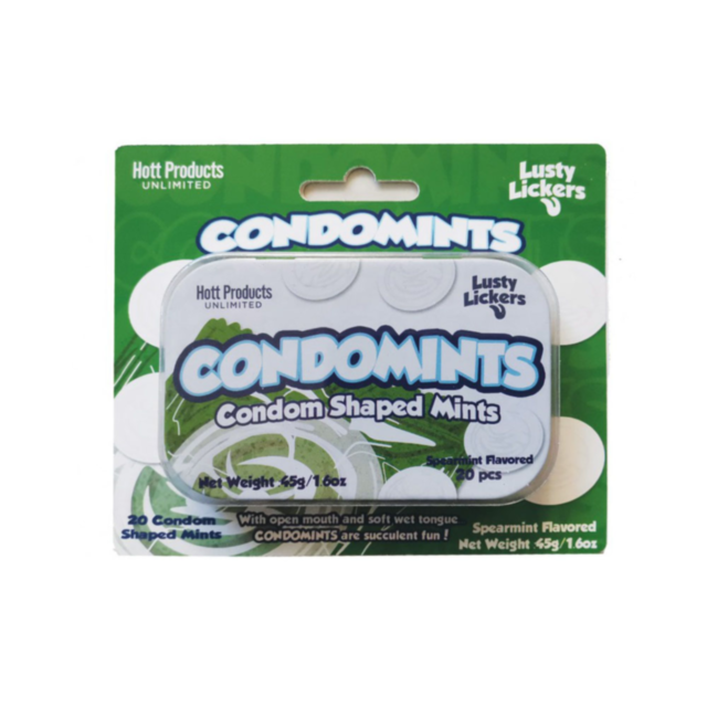 A tin labeled Condimints-Spearmint Condom Shaped Mints by Hott Products Unlimited contains 20 refreshing spearmint-flavored breath mints, featuring a playful design with green packaging and white accents.
