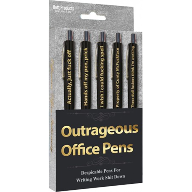 A package of four black novelty pens, each featuring assorted sayings that are both humorous and bold. The packaging proudly reads Outrageous Office Pens and Despicable Pens for Writing Work Shit Down.
