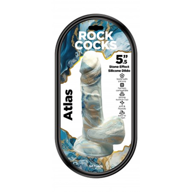The packaging of the Rock Cocks-Atlas Marble Silicone Dildo 5.5in showcases a marble-like design and emphasizes its textured surface, dependable suction cup base, and harness compatibility for an elevated experience.
