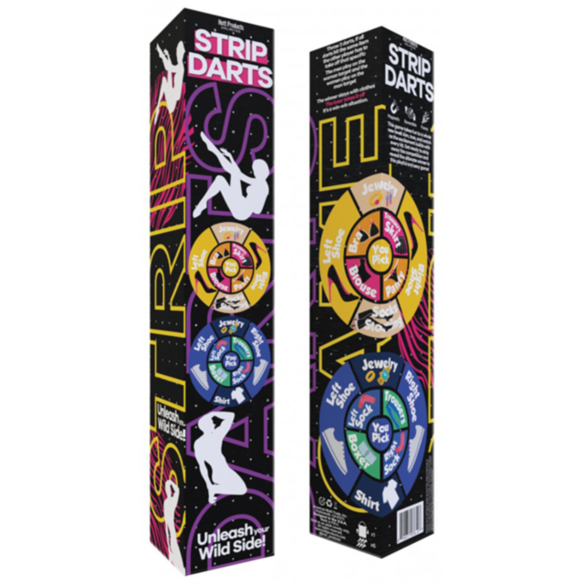 Tall packaging for the Strip Darts Game highlighting magnetic darts, vibrant artwork, dancing figure silhouettes, and a double-sided dart board with a rotating wheel showing clothing items and activities. The text "Unleash your wild side!" is set against 