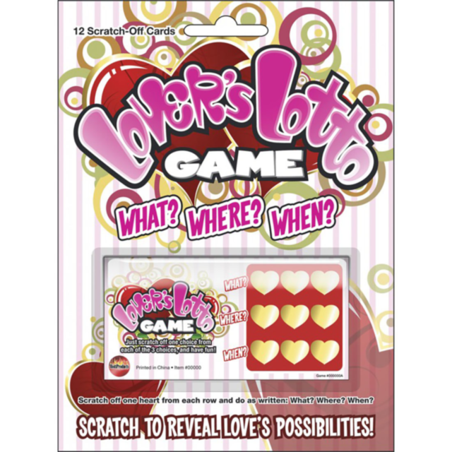 The Lovers Lotto Game-Scratchers Game is an exciting scratcher adorned with hearts, ideal for couples looking to have fun. It features 12 cards labeled What? Where? When?, along with instructions to scratch one heart from each row, combining thrill with p