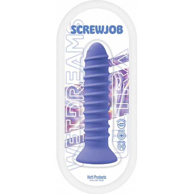 The Wet Dreams Screw Job Vibrator in purple from the Ultra Collection is designed with a stylish, modern box that highlights its features and details, featuring a ribbed texture crafted from premium Silicone+ABS.