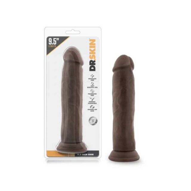 A sign with a green background displays the name "Dr. Skin 9.5in Dildo Chocolate," alongside a graphic of a rocket and planet within a circle, surrounded by stars, securely held by a robust suction cup.