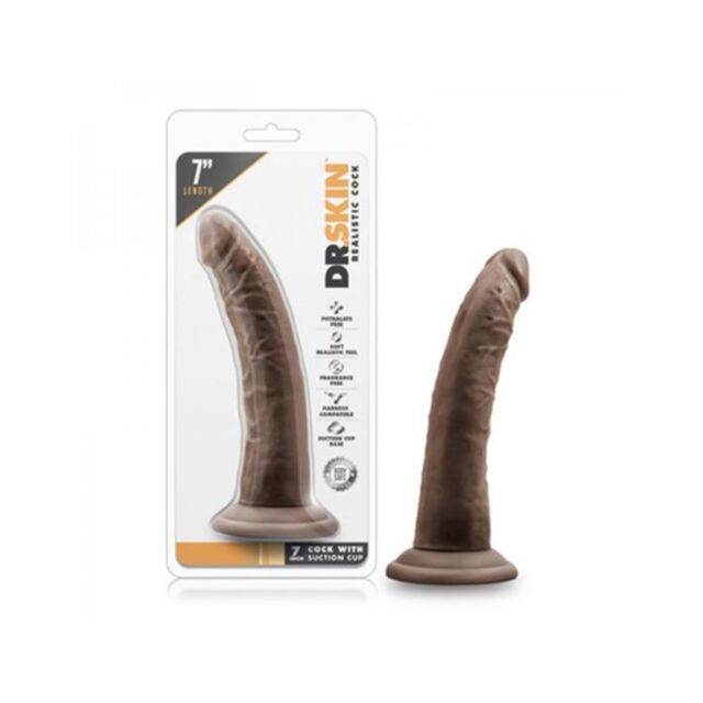 A green graphic showcases a gray rocket icon with a strap-on harness design encased in a circle, adorned with stars, beneath the text "No Image," related to the Dr. Skin 7in Dildo w Suction Cup Chocolate.