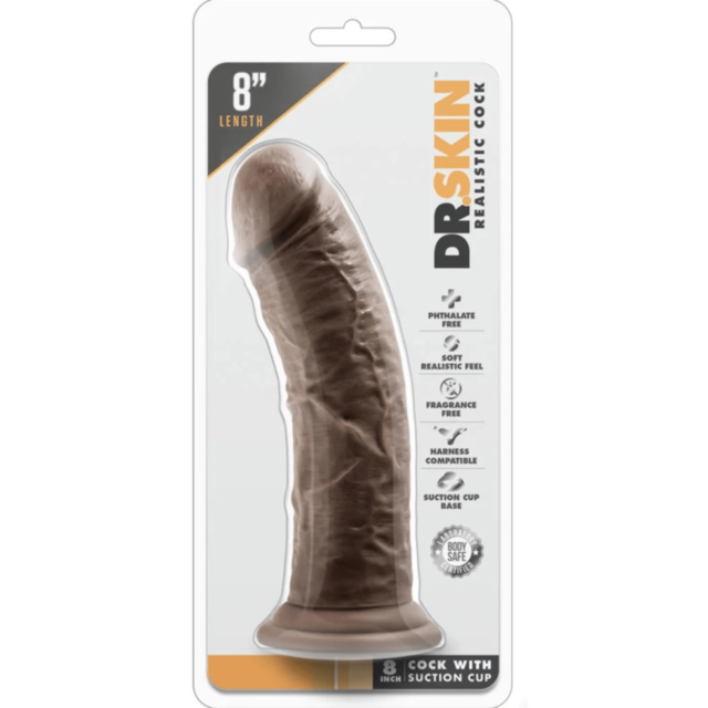 A green background showcases a stylized illustration of a rocket soaring upward, surrounded by orbiting stars, with the text "Dr. Skin 8in Cock W Suction Cup Chocolate" at the top. The design captures a sense of adventure, akin to the stable support provi