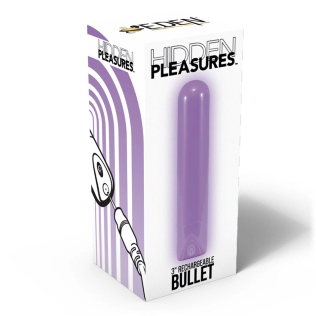 A cartoon rocket ship, resembling the Eden-Hidden Pleasure Rechargeable Bullet-Purple, flies through a purple sky surrounded by stars and planets. One of the planets has a ring around it, and there's a big full moon in the background. The scene captures t