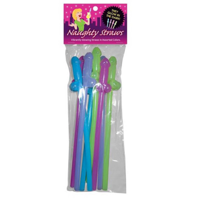 A digital illustration features a cartoonish bear with gray fur, a red nose, and yellow paws holding a large clock in its arms. The bear is standing on its hind legs amid Glow-In-The-Dark Naughty Straws in assorted colors, creating a whimsical glow agains