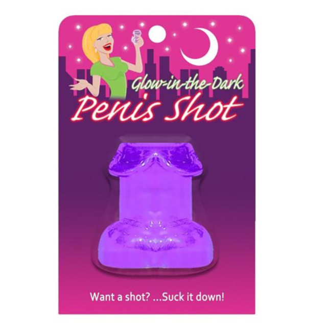 A purple square shows a white rocket icon surrounded by stars within a circle. Above the icon, glowing softly like a glow-in-the-dark sticker, are the bold, uppercase white letters spelling "Glow-In-The-Dark Penis Shot-Purple.