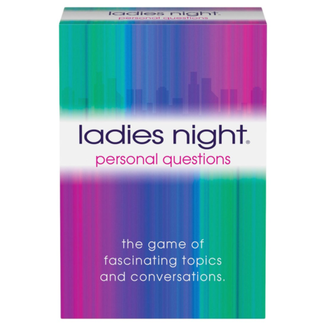 A cartoon character with pointy orange hair and large expressive eyes grins excitedly while holding a brown book. They wear a green vest over a striped shirt, standing against a blue sky, as if ready to engage with the Ladies Night-Personal Questions game