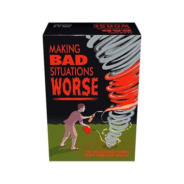 A green background graphic displays a gray rocket soaring near a planet amid stars, with the phrase "No Image" above. It echoes the chaotic fun of Making Bad Situations Worse, an adult party game that humorously escalates bad scenarios.