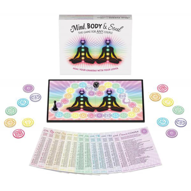 The design features a green background with no image at the top. Below, a rocket icon propels upward within a circular border, surrounded by stars—representing the chakra alignment and energy unleashed by playing the Mind Body & Soul Game.
