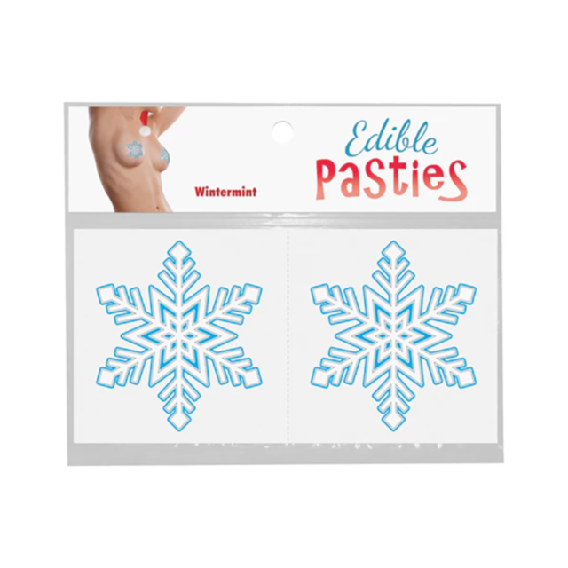 Packaging of Snowflake Pasties decorated with two blue snowflake designs and labeled Wintermint. The packaging includes an image of a model wearing one of the pasties on their chest.