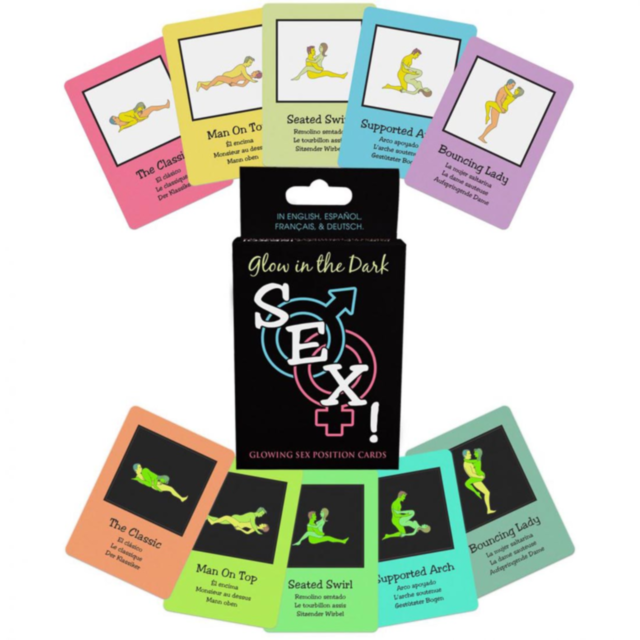 The cover of the Glow-In-The-Dark Sex Cards features a green, luminescent background with a gray rocket emblem positioned at the bottom. This is surrounded by stars arranged in a circular pattern. Ideal for game nights, the words "No Image" are prominentl