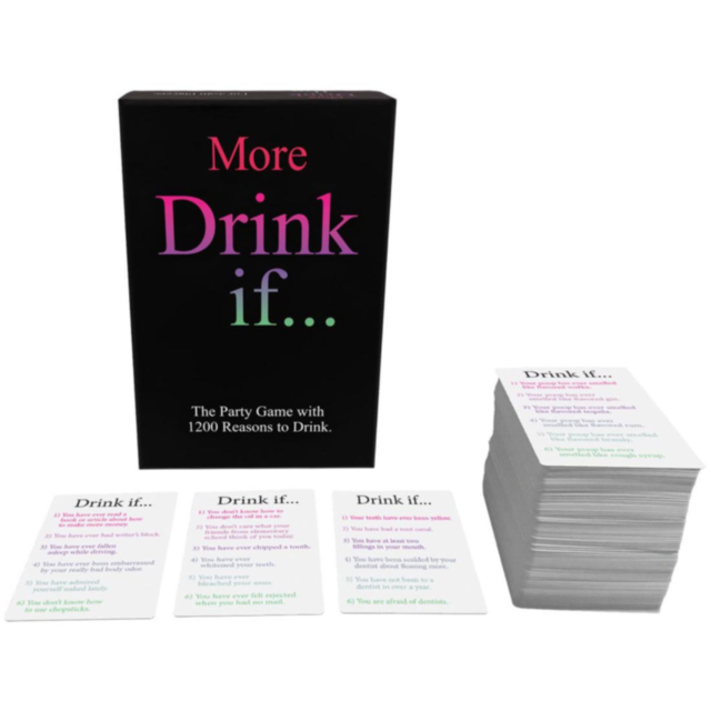 A green background featuring a gray rocket and planet illustration with stars sets the scene for an out-of-this-world party experience. Above, the text reads "More Drink If Game," making it the ideal ice breaker to kick off any gathering.