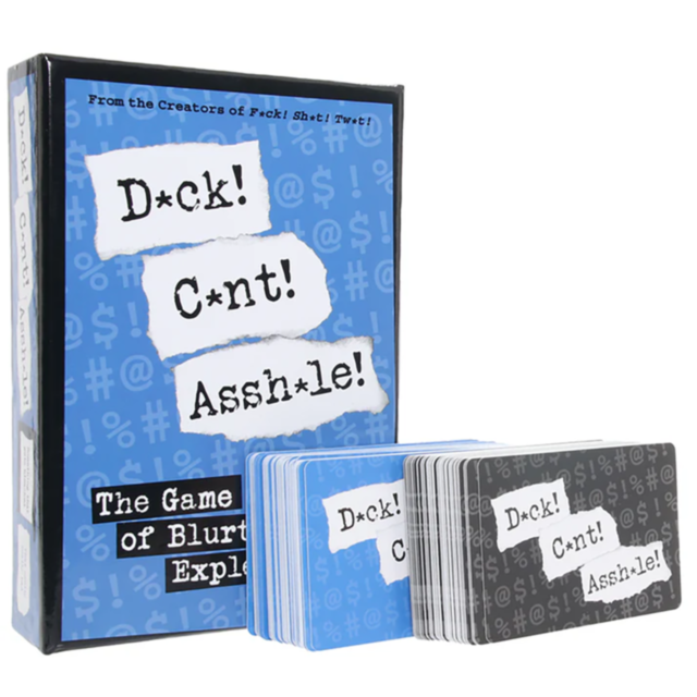 The box and cards from the party game, D*ck! C*nt! Assh*le!, are on display. The blue box featuring stylized text highlights this Game of Blurted Expletives. This entertaining card game encourages players to shout absurd answers, creating an unforgettable