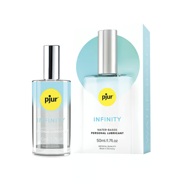 A 50ml bottle of pjur Infinity Water-based personal lubricant with a silver cap is displayed beside its matching packaging, both featuring a light blue and yellow design—perfect for elevating your intimate moments.