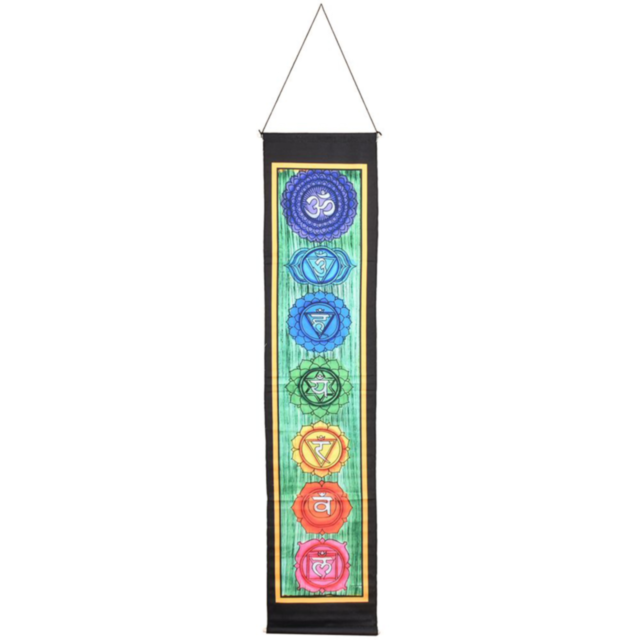 The image of a rocket launching into space, encircled by stars and the 7 Chakras, is set within a round frame with "No Image" at the top. The green backdrop imparts a calm, meditative ambiance, similar to that of a 43in x 11in Threadheads Hanging Chakra P