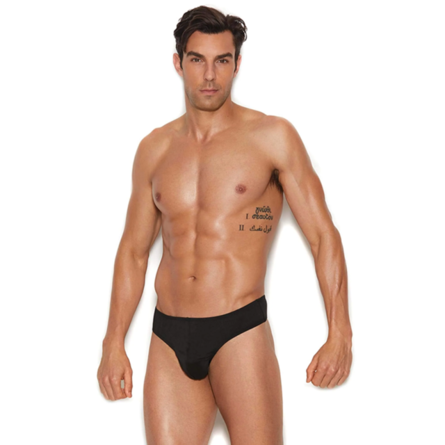 A Thong Back Brief LXL with a green placeholder image depicting a gray rocket circling a planet surrounded by stars, made from Polyester Spandex material and featuring the text "No Image" at the top.