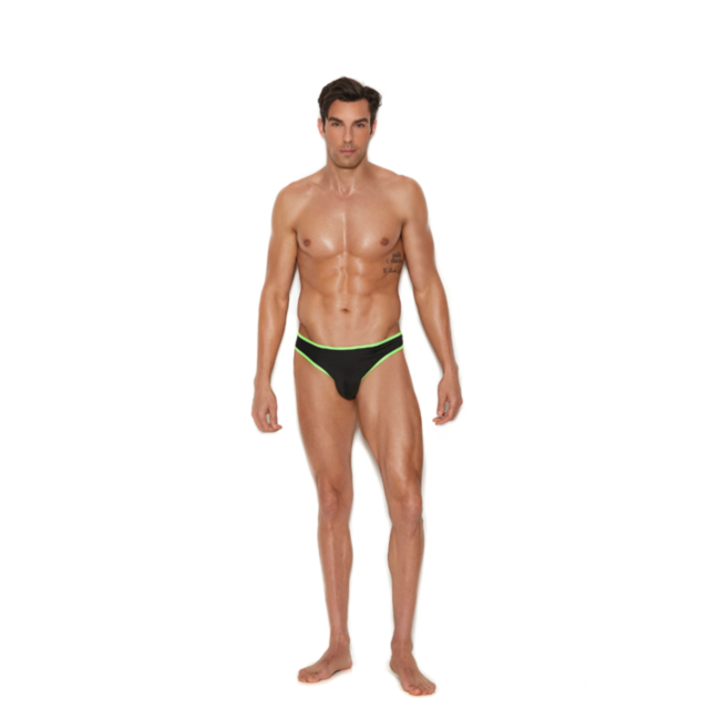No image available icon showcasing a minimalist rocket design set against a green backdrop with neon green trim, featuring the rocket ascending amidst stars, all encased within a circle. Product Name: Thong with neon green trim L-XL.