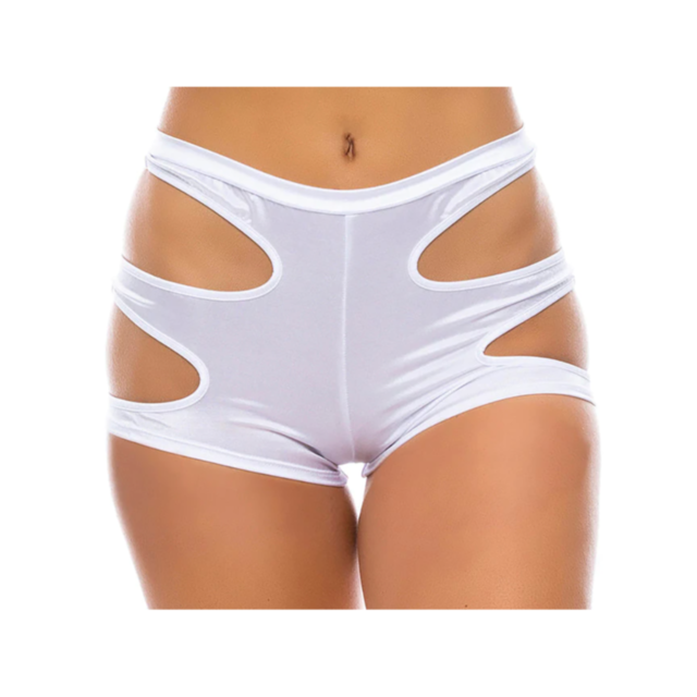 Text saying "No Image" appears on a green background with a stylized white rocket launching into space, surrounded by stars, evoking the sleekness and stretch of Lycra fabric similar to the Peekaboo Booty Short in White.