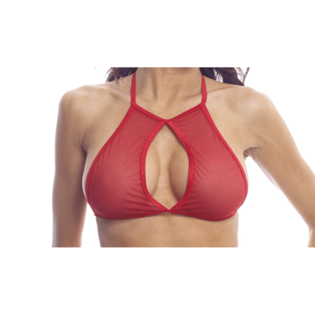 A red mesh halter top with a keyhole design, featuring a gray rocket illustration peering through the stellar keyhole of a planet surrounded by stars. The words "No Image" are written at the top.