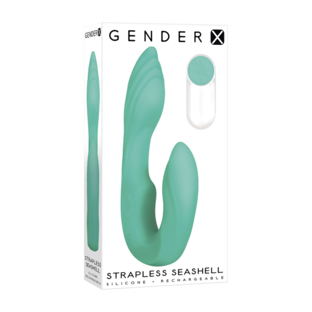 A seashell teal placeholder graphic with the text "Evolved-Gender X-Strapless" at the top. Below, a light gray circular design features a rocket and stars, encapsulating an exploratory vibe.