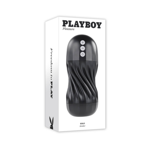 A black background showcases a white circular emblem with a rocket ship and stars, embodying the theme of space exploration. Above the emblem, "Playboy-Solo Stroker Rechargeable-Black" is written in white text.