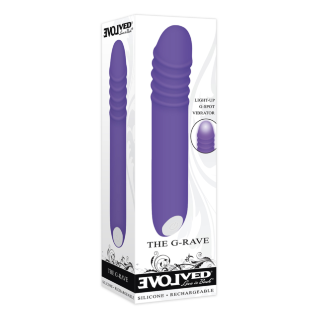 An artistic depiction of a rocket launching into space, mirroring the elegant design of the Evolved Sil Recharge The G Rave Purple silicone vibrator, with stars adorning the scenery. The image is encased in a circular frame against a dark green backdrop w