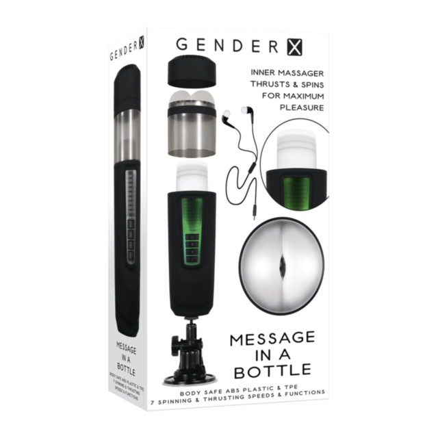 The Evolved-Gender X-Message In A Bottle is depicted with a green background, showcasing a stylized, light gray rocket icon launching from a circular design and encircled by stars. The words "No Image" hover above, reflecting the dynamic energy of a super