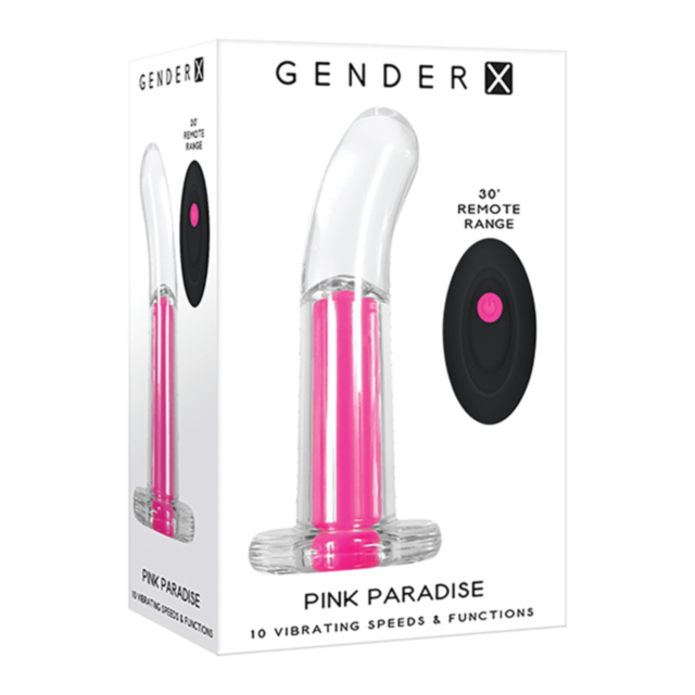 Illustration of a rocket launching into space over a planet with stars, as if propelled by vibrating speeds. Text above the image reads, "Evolved Gender-X Rechargeable Pink Paradise Plug," and the green background adds an otherworldly touch.