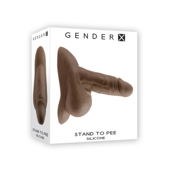 Illustration of a rocket ship with realistic textures inside a circle, surrounded by sparkling stars against a green background, accompanied by the text "Evolved-Gender X Stand To Pee Silicone-Dark." The design is phthalate and latex free.