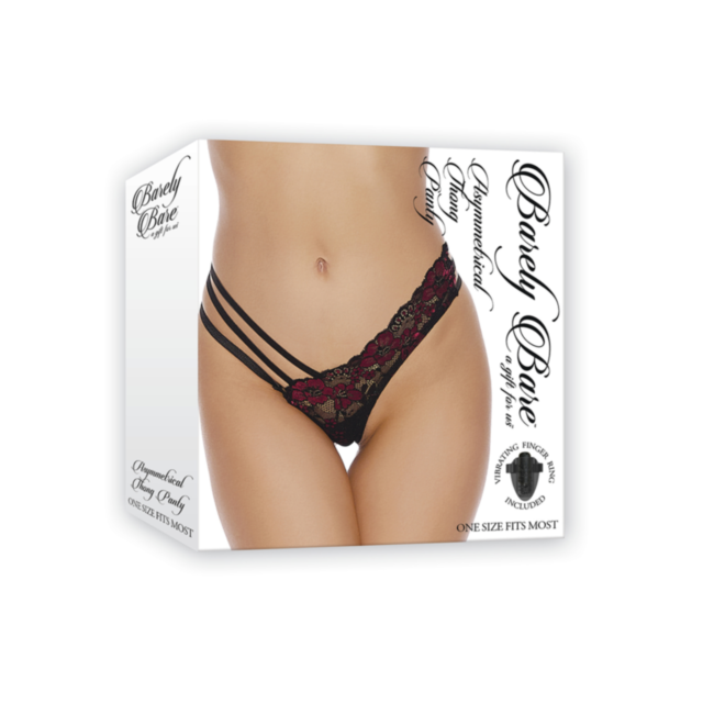 The product package showcases a model in lacy black and red lingerie with strappy side details. The box, adorned with elegant text on a white background, is labeled "Barely Bare" and specifies "Asymmetrical Thong Panty OS" as the style, indicating it's on