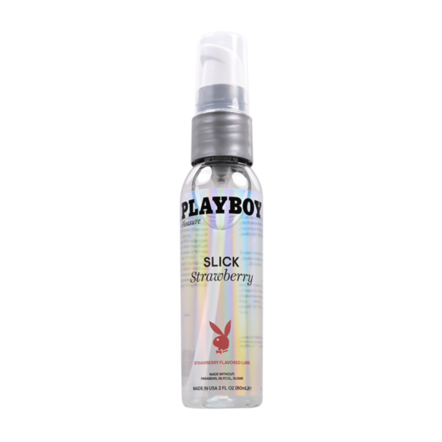 A green square with a light grey rocket and planet icon sits at the center, evoking a sense of adventure. Above this celestial design, the text "Playboy-SLICK Strawberry 2OZ" is displayed.
