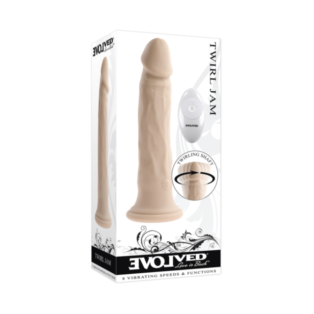 The Evolved-Twirl Jam Dildo-Dark features a green background with a gray rocket illustration showcasing realistic shaft textures. Stars and twirling vibrations encircle the rocket as it launches from within a circle, with "No Image" text above the graphic