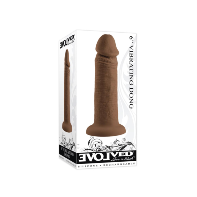 Set against a dark green backdrop, the Evolved-6in Vibrating Dildo Dark product showcases the text "No Image" above a circular emblem. Within this emblem, a stylized gray rocket—appearing to be propelled by a robust suction cup—soars past a planet accompa