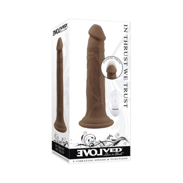 A green background features a gray rocket ship inside a circle, closely resembling the design of the Evolved-In Thrust We Trust Dildo-Dark. The rocket includes three circular windows with small stars surrounding it, while light gray text above reads "No I