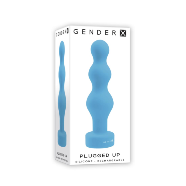 A teal poster featuring the words "Evolved-Gender X-Plugged Up" at the top displays a gray icon of a rocket ship soaring upward with vibrant energy, encircled by stars and a round backdrop.