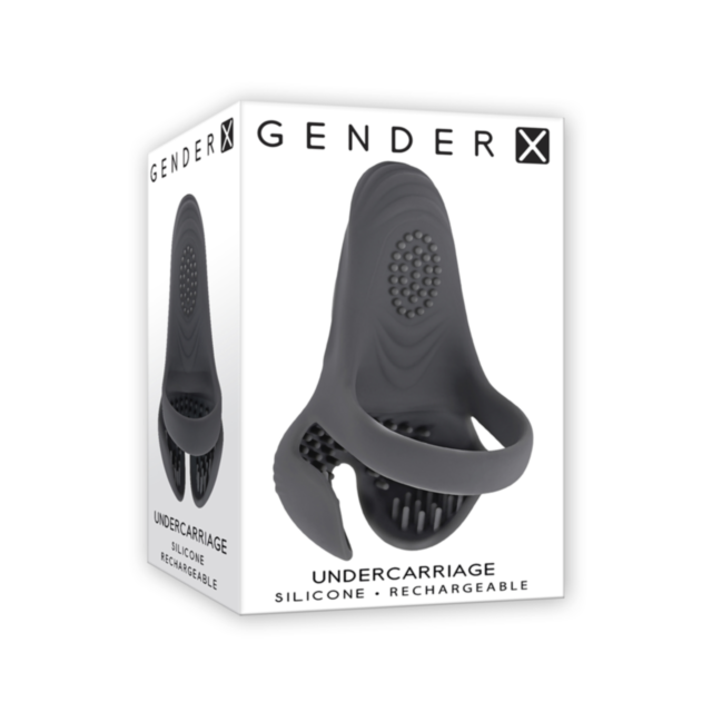 A green background showcases a white illustration of a rocket launching into space, with stars and a planet surrounding it. The words "Evolved-Gender X Undercarriage Grey" hover above the artwork, evoking excitement reminiscent of silicone toys with vario