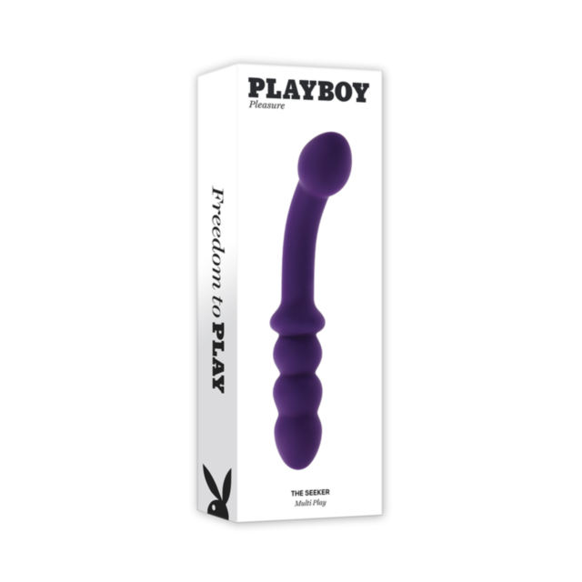 A dark green square features a stylized rocket ship and stars against a circle, evoking exploration and adventure, beneath the words "No Image." The Evolved-Playboy The Seeker Vibe-Acai is crafted from body-safe silicone for ultimate comfort and G-Spot st