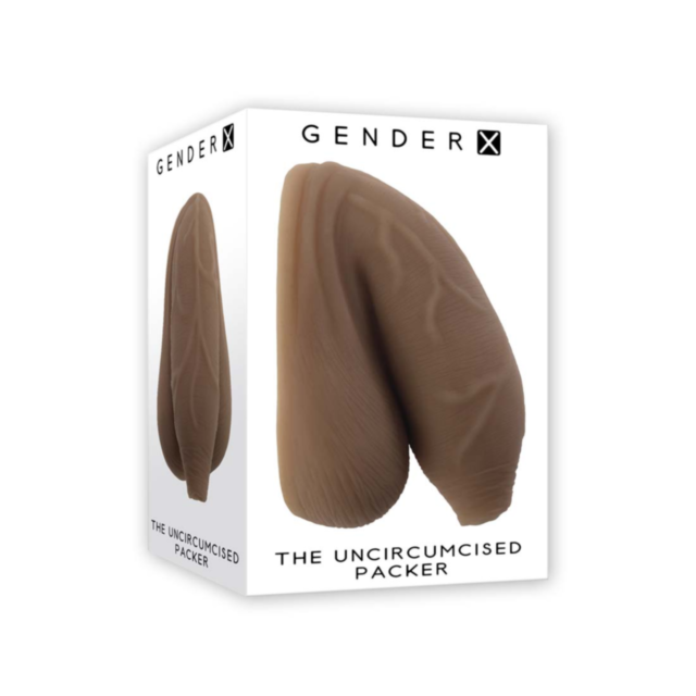 Graphic of a rocket inside a circle with stars, set against a green background with the text Evolved-Gender X Uncircumcised Packer-Dark above, symbolizing the innovative and phthalate-free TPE technology.