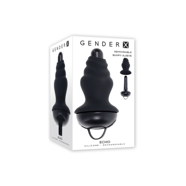 The image showcases a product box featuring the Evolved-Gender X Sil Rechargeable Echo-Black, complete with a removable bumpy sleeve. The box proudly displays the product name Echo and highlights its waterproof features, silicone material, and rechargeabi