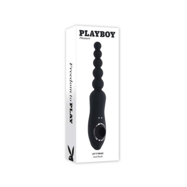 A green image features a gray circular emblem with a stylized rocket icon and small stars, exuding excitement. Prominently above it is the text Evolved-Playboy Let It Bead-Black.