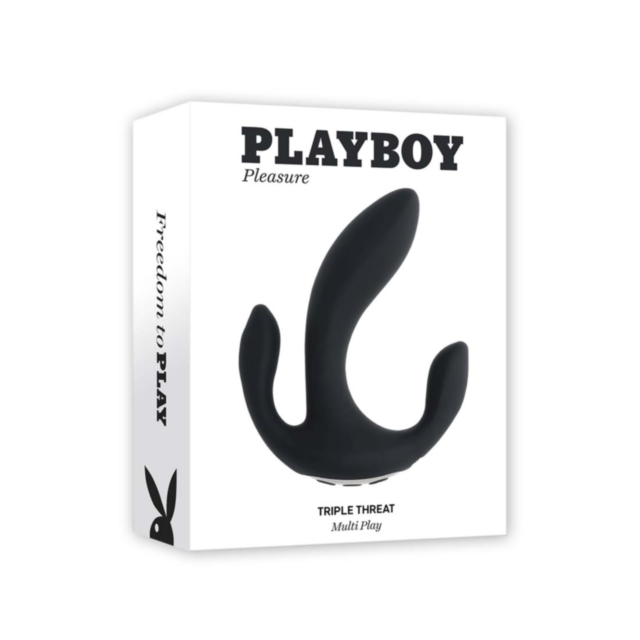The Evolved-Playboy Triple Threat-Black showcases a circular design with a rocket ship blasting off into space, surrounded by stars and a planet. It all comes together on a green background with "No Image" at the top. Crafted with body-safe silicone, this