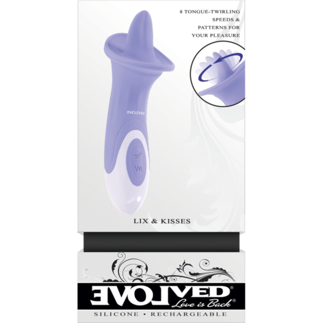 The Evolved-Sil Rechargeable Lix&Kisses-Purple personal massager captivates with its stunning floral and swirl designs on the packaging. This silicone rechargeable Twirling Tongue Toy provides 8 vibrating speeds and patterns, guaranteeing a personalized e