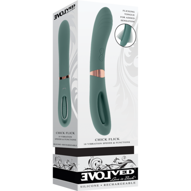 The graphic associated with the "Evolved-Chick Flick-Mint" product features a stylized rocket, reminiscent of dual motors, inside a circle against a green background and surrounded by stars. The text "No Image" is displayed above this graphic.