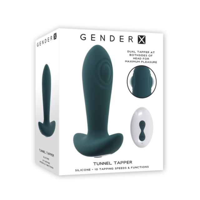 A teal background features the words "No Image" in white at the top. Below, a waterproof white rocket icon, encircled by stars, is depicted pointing upwards. Introducing the Evolved-Gender X Sil Rechargeable Tunnel Tapper-Teal.
