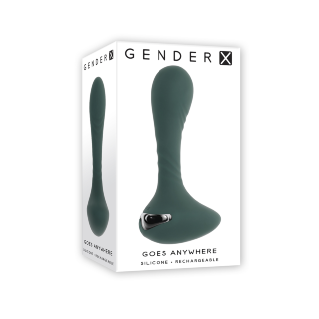 The image displays a box marked with "Evolved-Gender X Sil Recharge Goes Anywhere Plug-Teal," featuring a teal, curved vibrating silicone plug accented with silver. The packaging emphasizes its ergonomic grip and USB rechargeable capability for hassle-fre