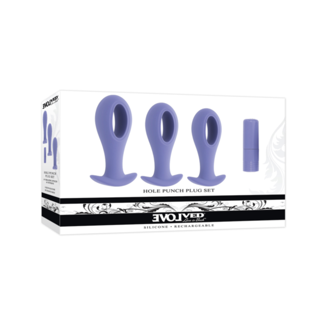Packaging of the Evolved-Sil Recharge Hole Punch Plug Set-Purple, showcasing three purple silicone plugs and a small purple accessory, presented in a white box adorned with decorative black patterns.
